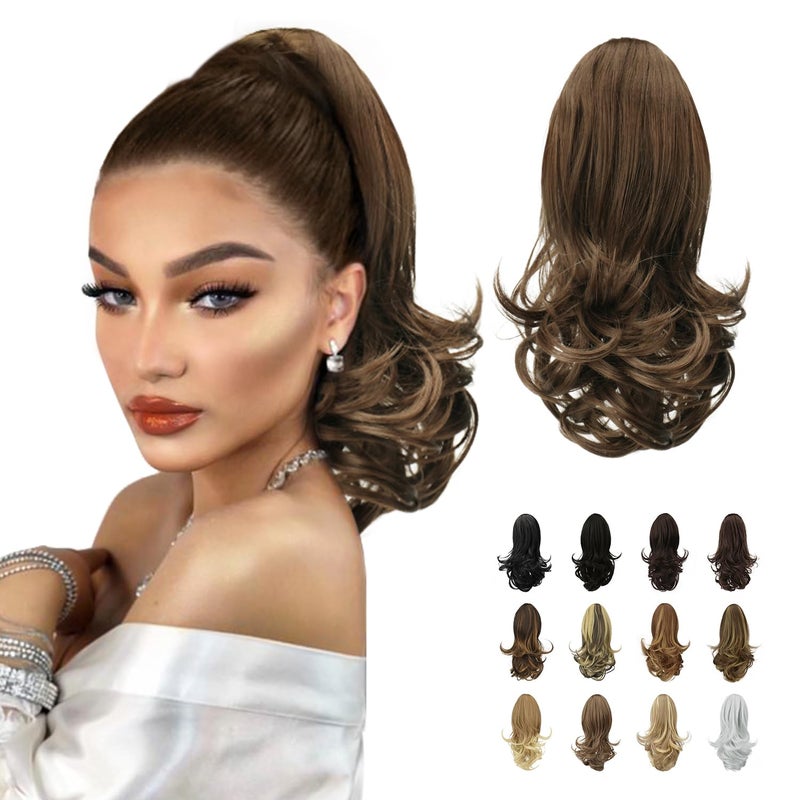 Sofeiyan 13" Ponytail Extension Long Curly Ponytail Clip in Claw Hair Extension Natural Looking Synthetic Hairpiece for Women, Chestnut Dark Brown - Image 1